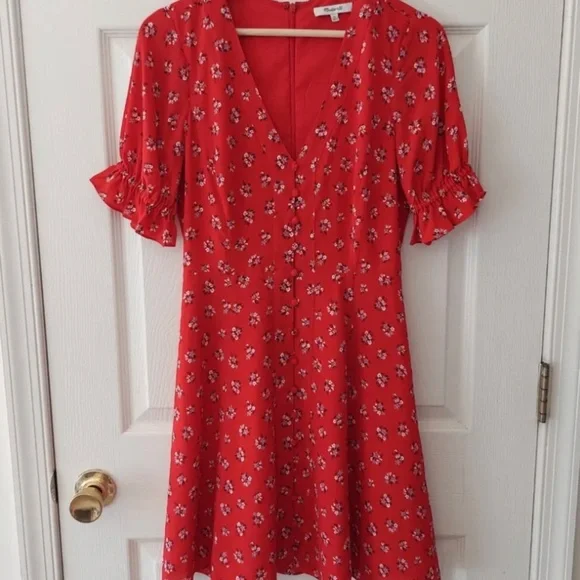 madewell silk ruffle dress Silk Ruffle-Sleeve Button-Front Dress in Little Lilies